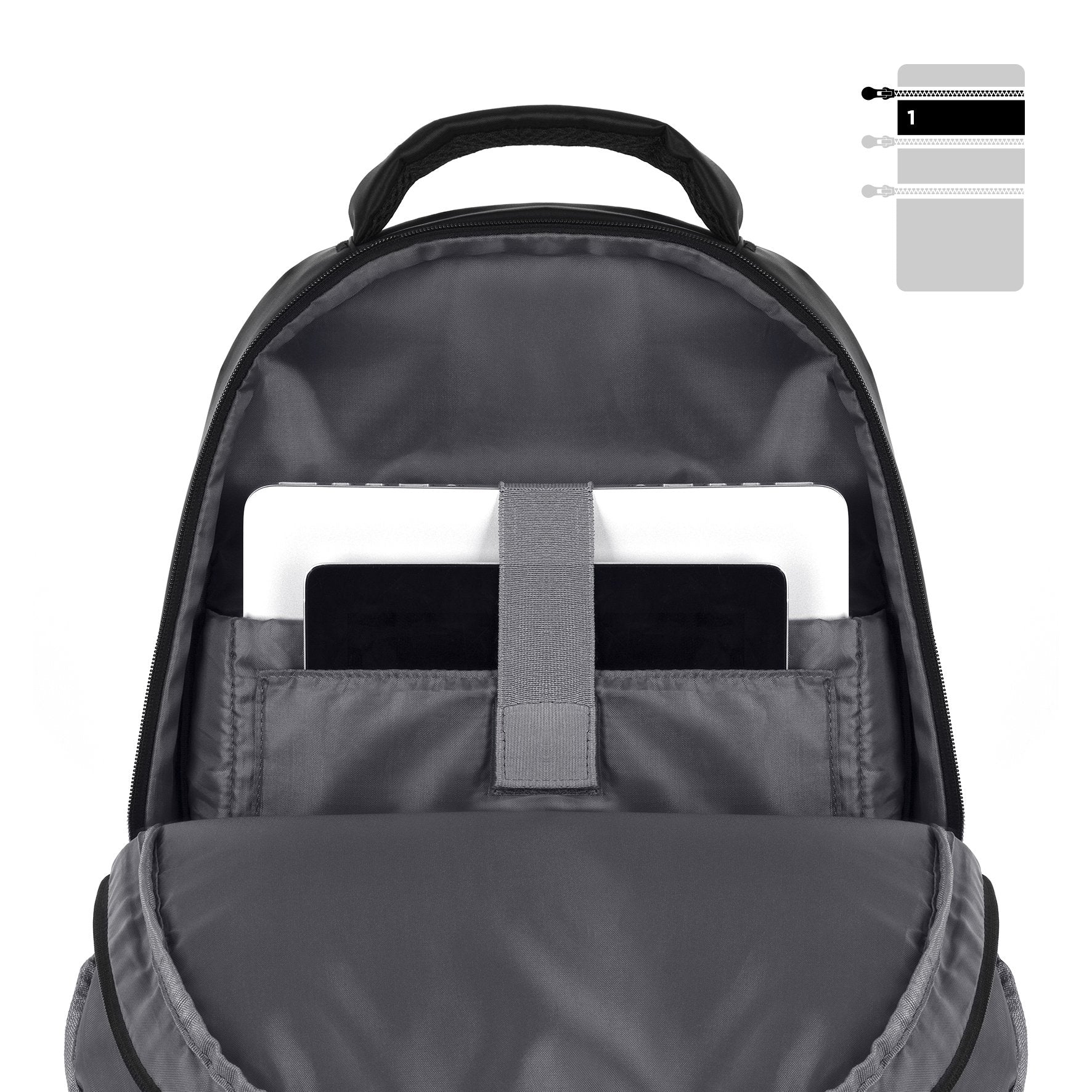 Duronic Laptop Backpack Black showing a laptop and tablet secured in dedicated grey storage sleeves.