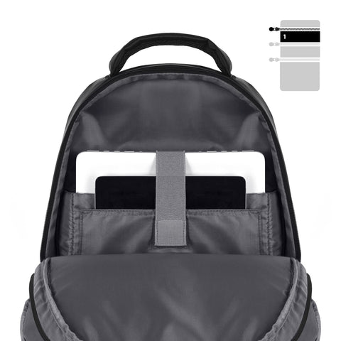 Duronic Laptop Backpack Black showing a laptop and tablet secured in dedicated grey storage sleeves.