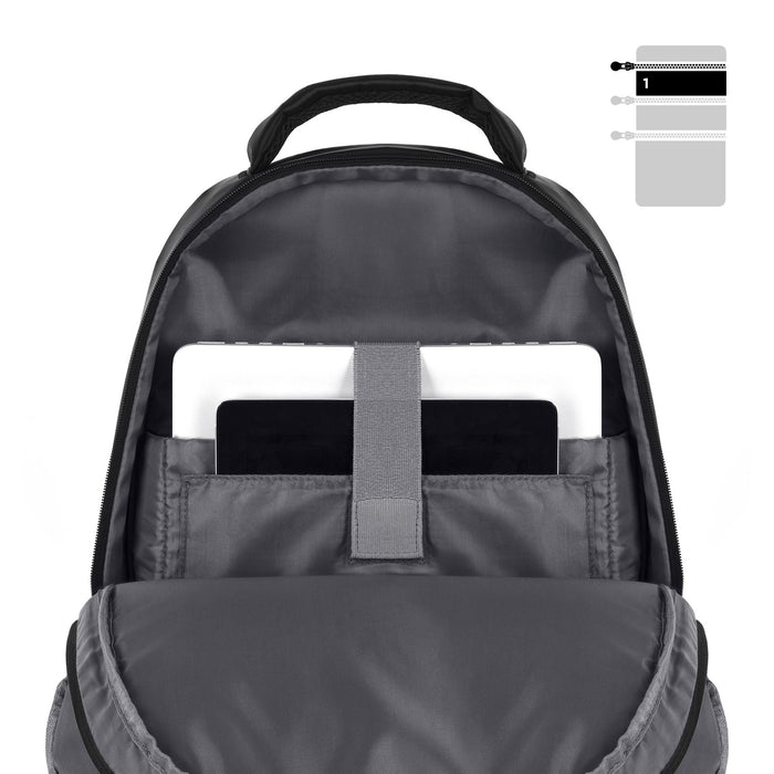 Duronic Laptop Backpack Black showing a laptop and tablet secured in dedicated grey storage sleeves.