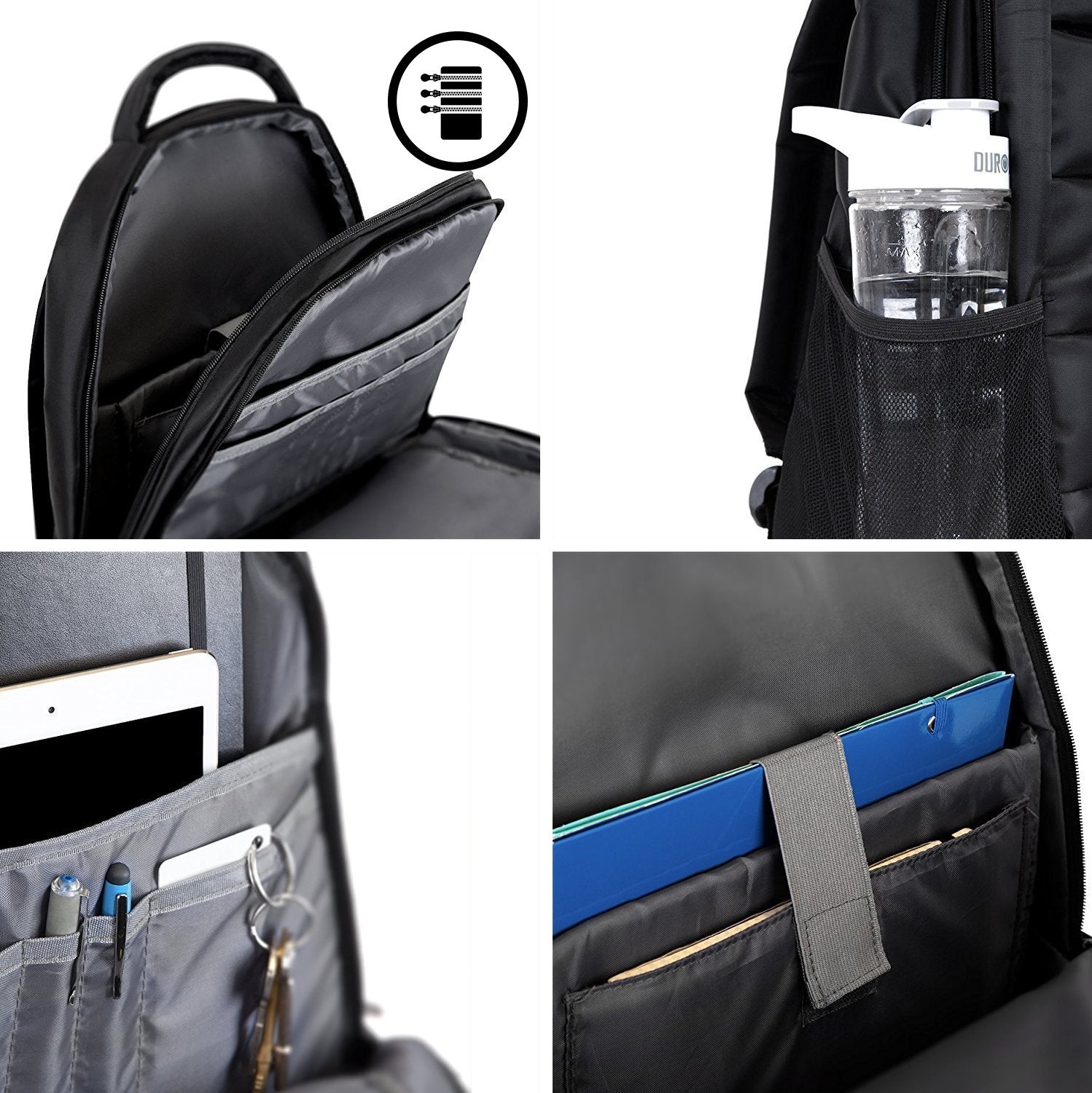 Duronic Laptop Backpack Black showing organized interior pockets, water bottle holder, and laptop compartment.
