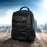 Duronic Laptop Backpack Black with mesh side pockets on a wooden surface against a cityscape.