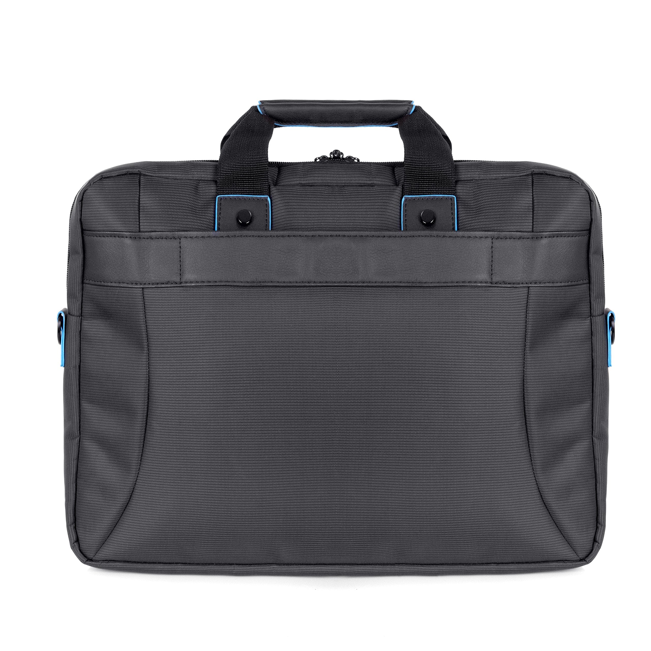 Duronic Laptop Backpack featuring a top handle, rear trolley strap, and bright blue accents.