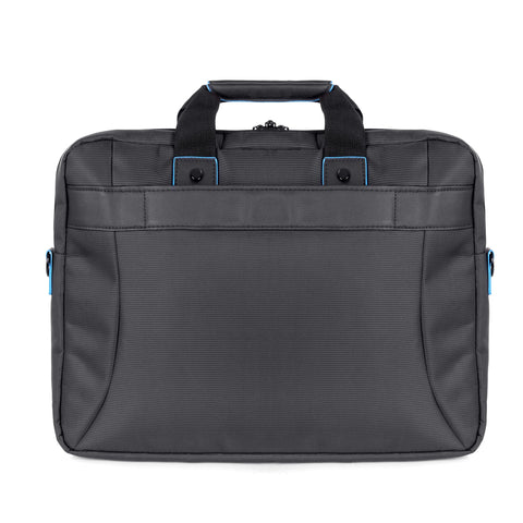 Duronic Laptop Backpack featuring a top handle, rear trolley strap, and bright blue accents.