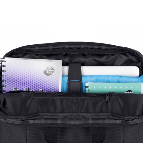 Duronic Laptop Backpack showing a padded laptop sleeve with a notebook and small folder inside.