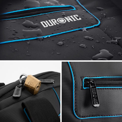 Duronic Laptop Backpack showing blue trim, lockable zippers, and durable protective outer fabric.
