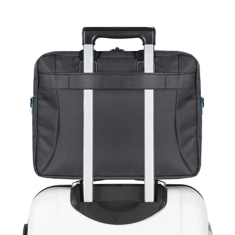Duronic Laptop Backpack with a luggage strap securely attached to a telescoping suitcase handle.
