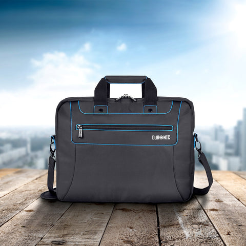 Duronic Laptop Backpack with blue trim and shoulder strap on a wooden table outdoors.