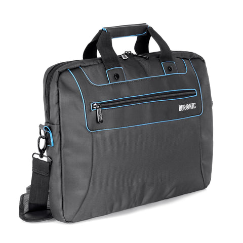 Duronic Laptop Backpack with blue trim, zippered front pocket, and adjustable shoulder strap.