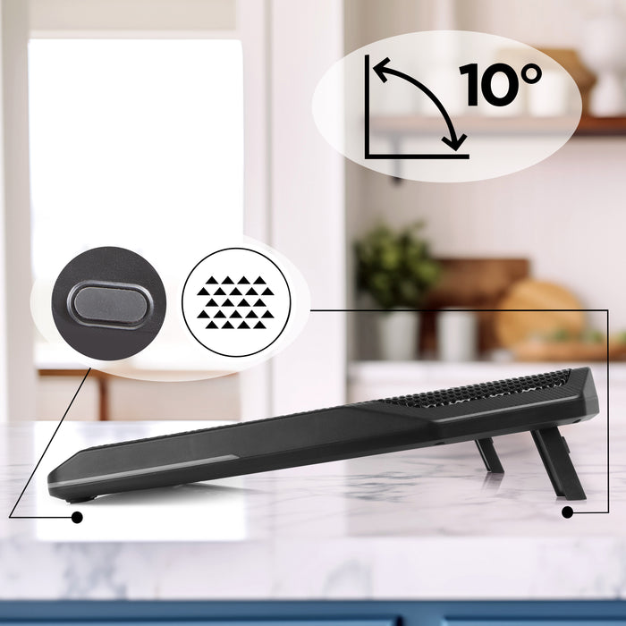 Duronic Laptop Cooling Pad featuring a 10 degrees incline, non-slip rubber feet, and a metal mesh surface for optimized airflow.