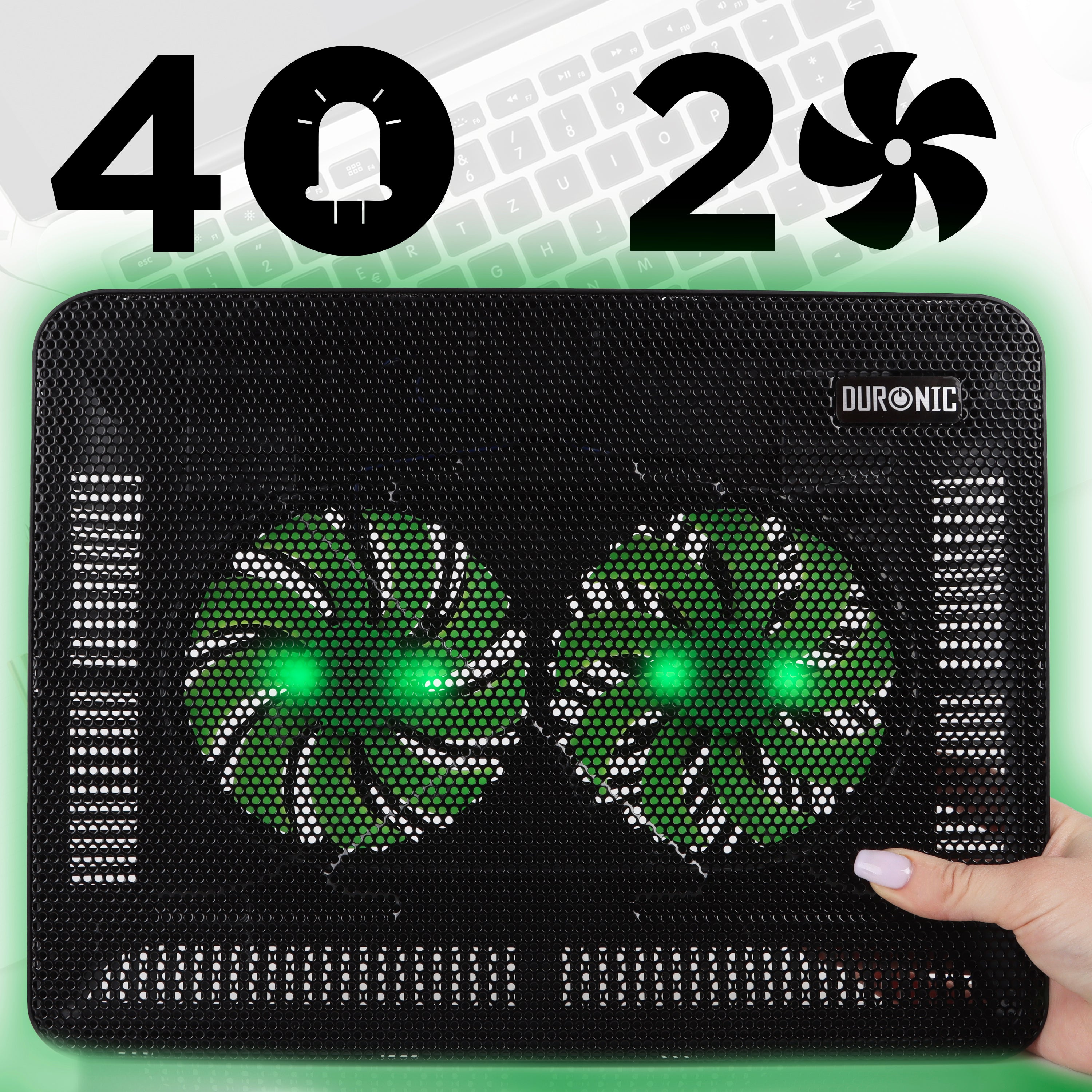 Duronic Laptop Cooling Pad featuring a black mesh surface, two large green LED-lit fans, and a slim portable design.