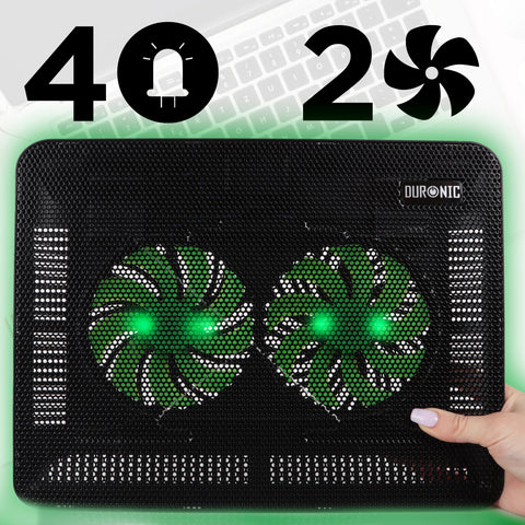 Duronic Laptop Cooling Pad featuring a black mesh surface, two large green LED-lit fans, and a slim portable design.