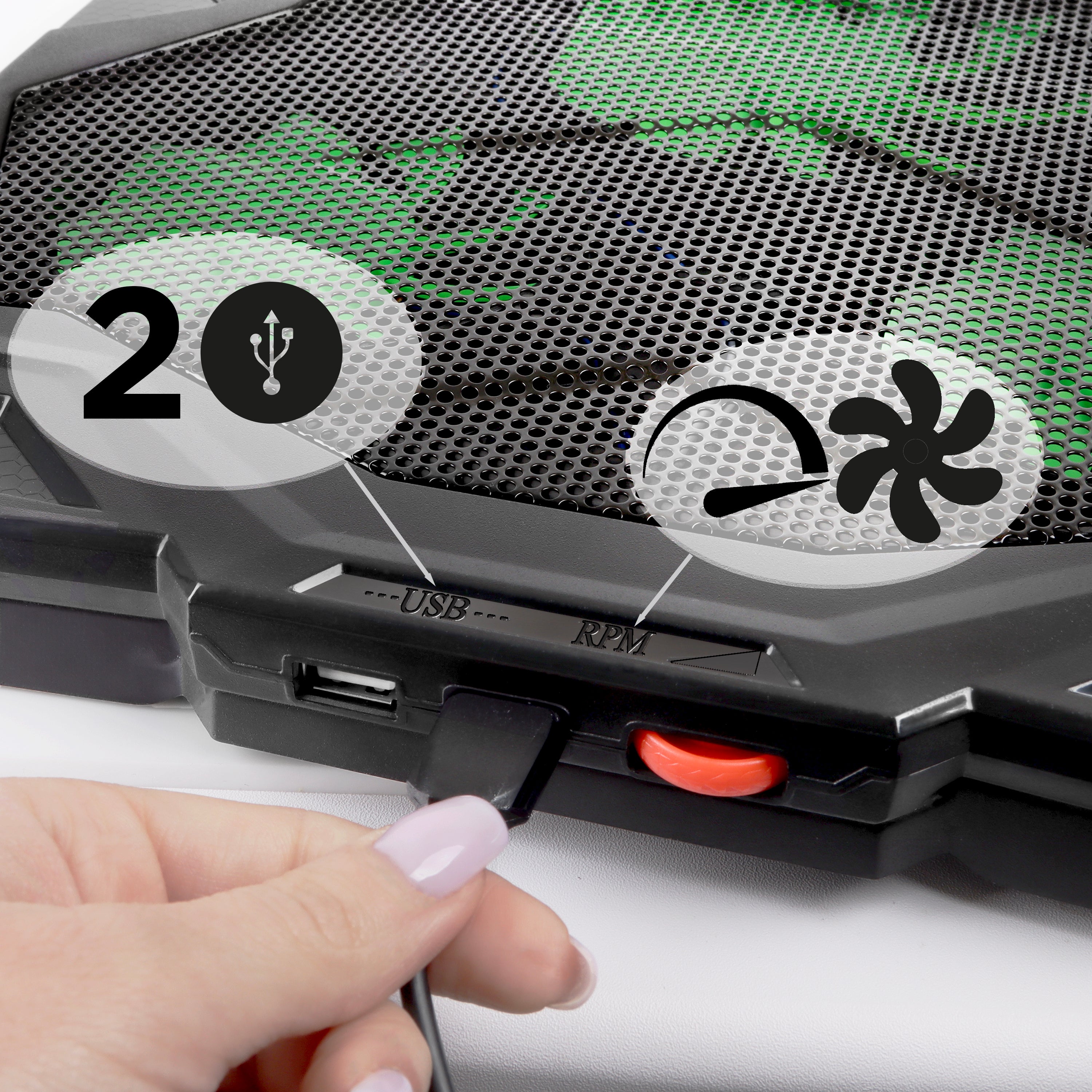 Duronic Laptop Cooling Pad featuring dual USB ports and a red RPM control dial for adjustable fan speed.