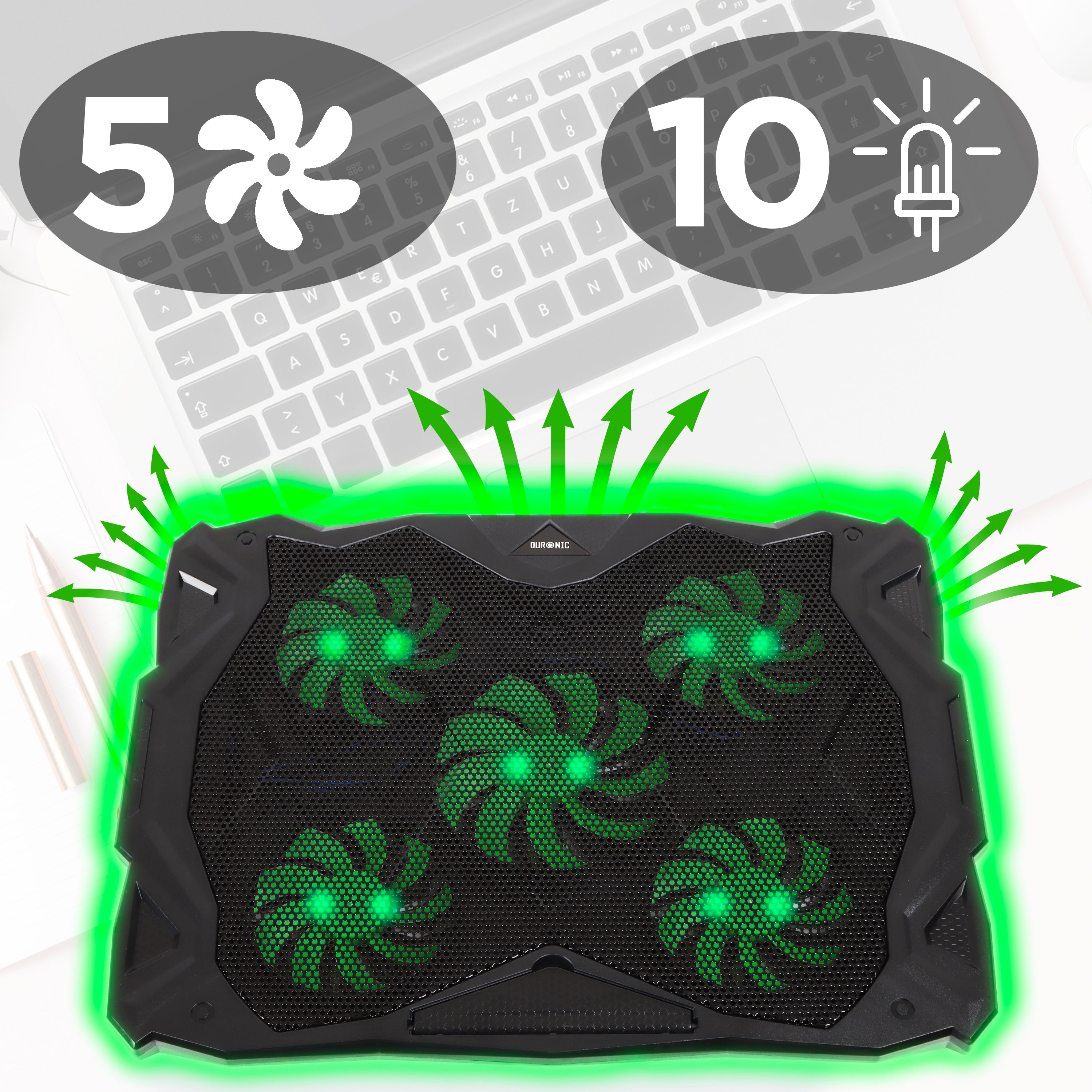 Duronic Laptop Cooling Pad featuring five integrated green LED fans and a ventilated mesh surface for enhanced airflow.