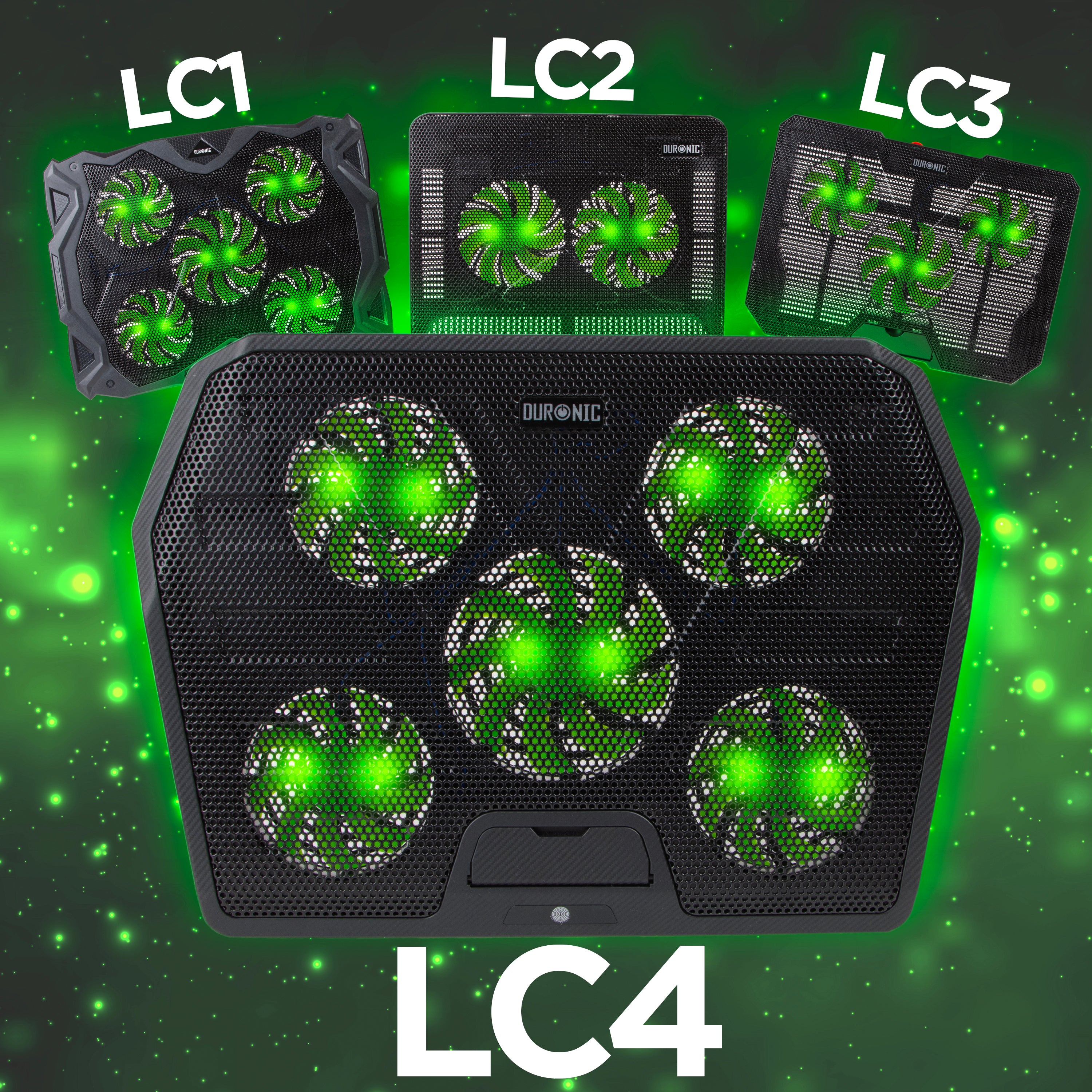 Duronic Laptop Cooling Pad featuring multiple green LED-illuminated fans in various configurations, labeled LC1 through LC4 against a glowing green background.