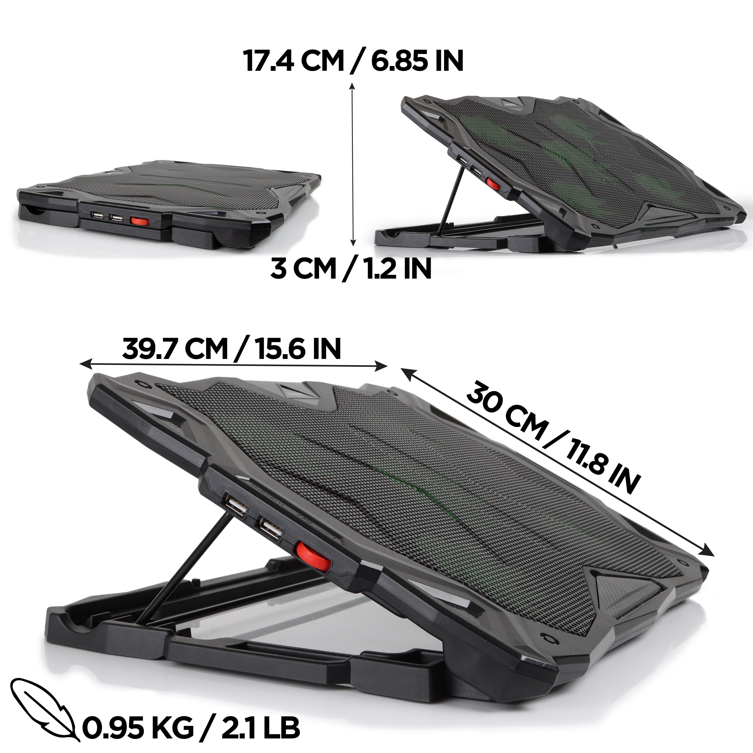 Duronic Laptop Cooling Pad  shown from multiple angles with dimensions of 39.7 cm x 30 cm and a weight of 0.95 kg.