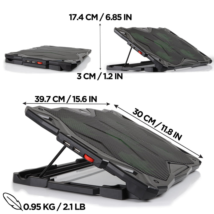 Duronic Laptop Cooling Pad  shown from multiple angles with dimensions of 39.7 cm x 30 cm and a weight of 0.95 kg.