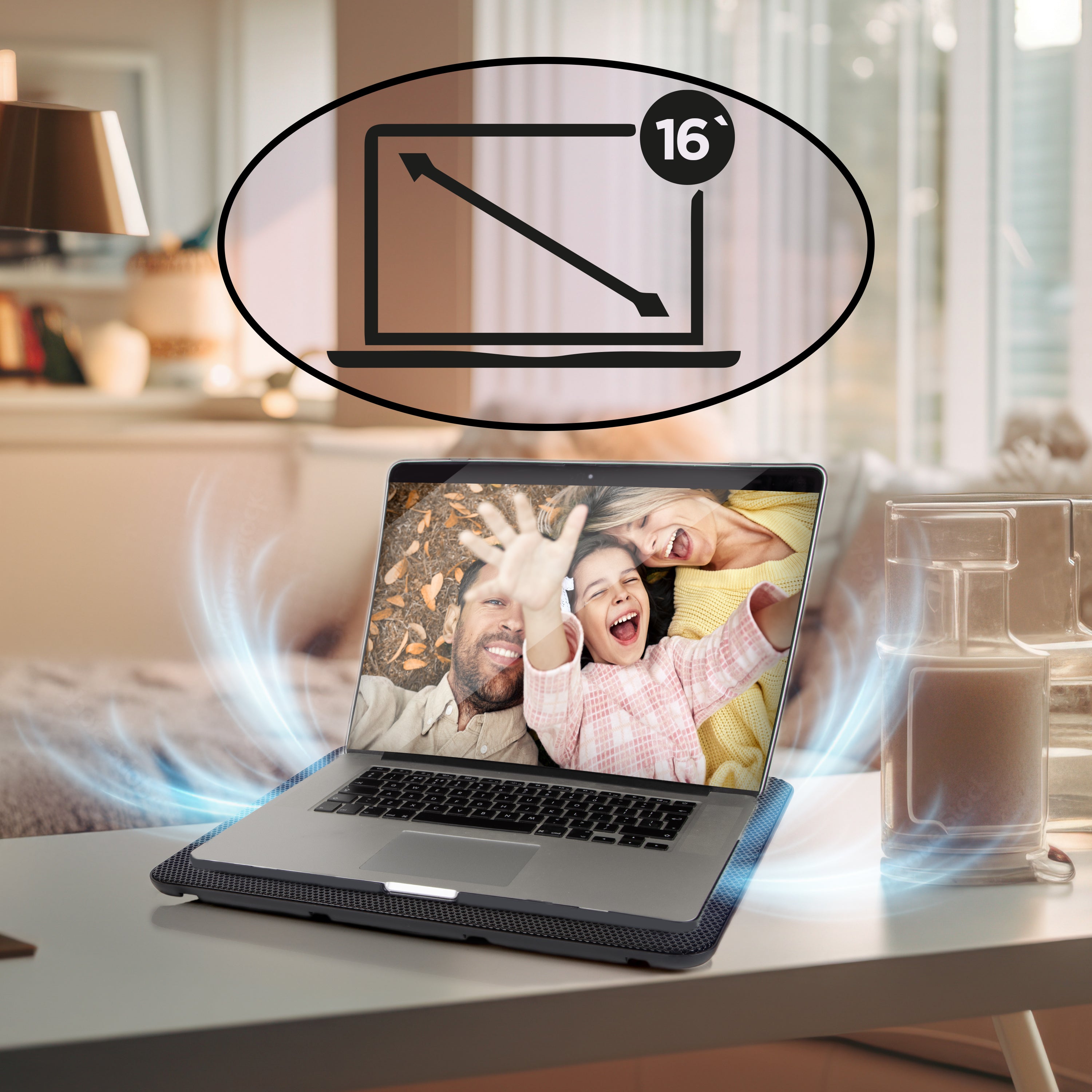 Duronic Laptop Cooling Pad with blue airflow effects, displaying a happy family photo on the screen.