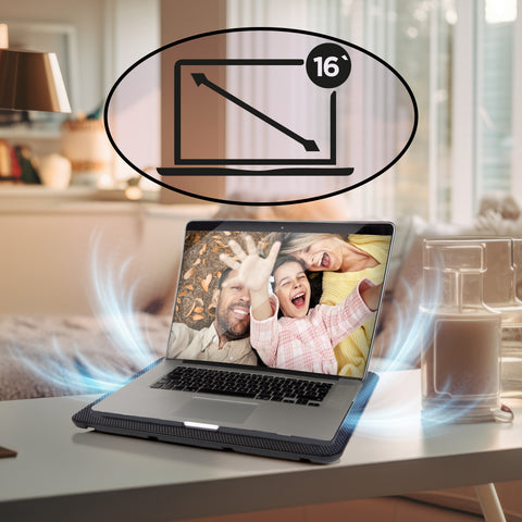 Duronic Laptop Cooling Pad with blue airflow effects, displaying a happy family photo on the screen.