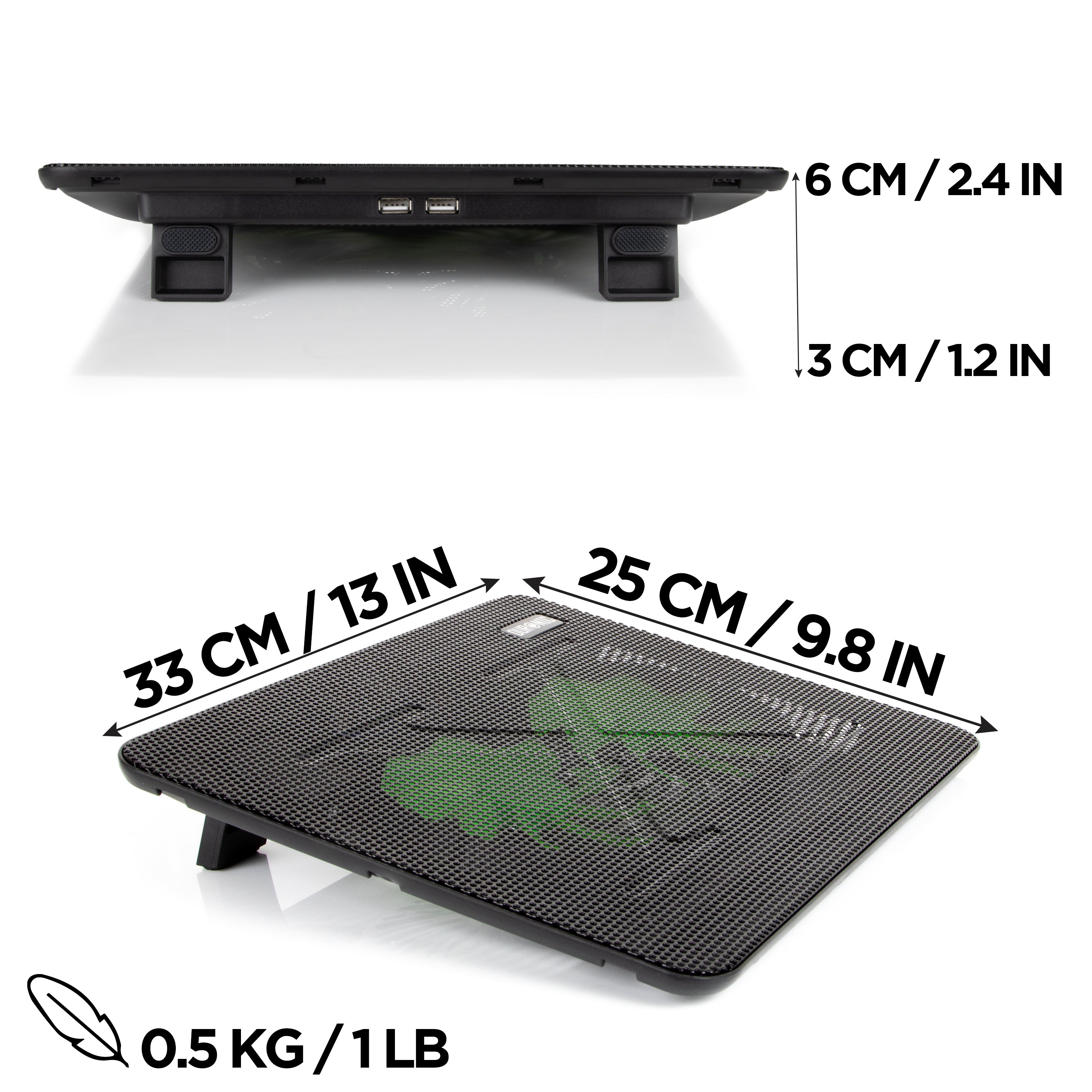 Duronic Laptop Cooling Pad with dimensions labeled as 33 cm by 25 cm, a height ranging from 3 cm to 6 cm, and a weight of 0.5 kg.