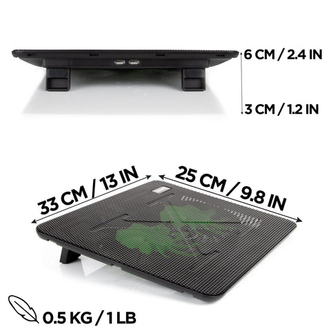 Duronic Laptop Cooling Pad with dimensions labeled as 33 cm by 25 cm, a height ranging from 3 cm to 6 cm, and a weight of 0.5 kg.