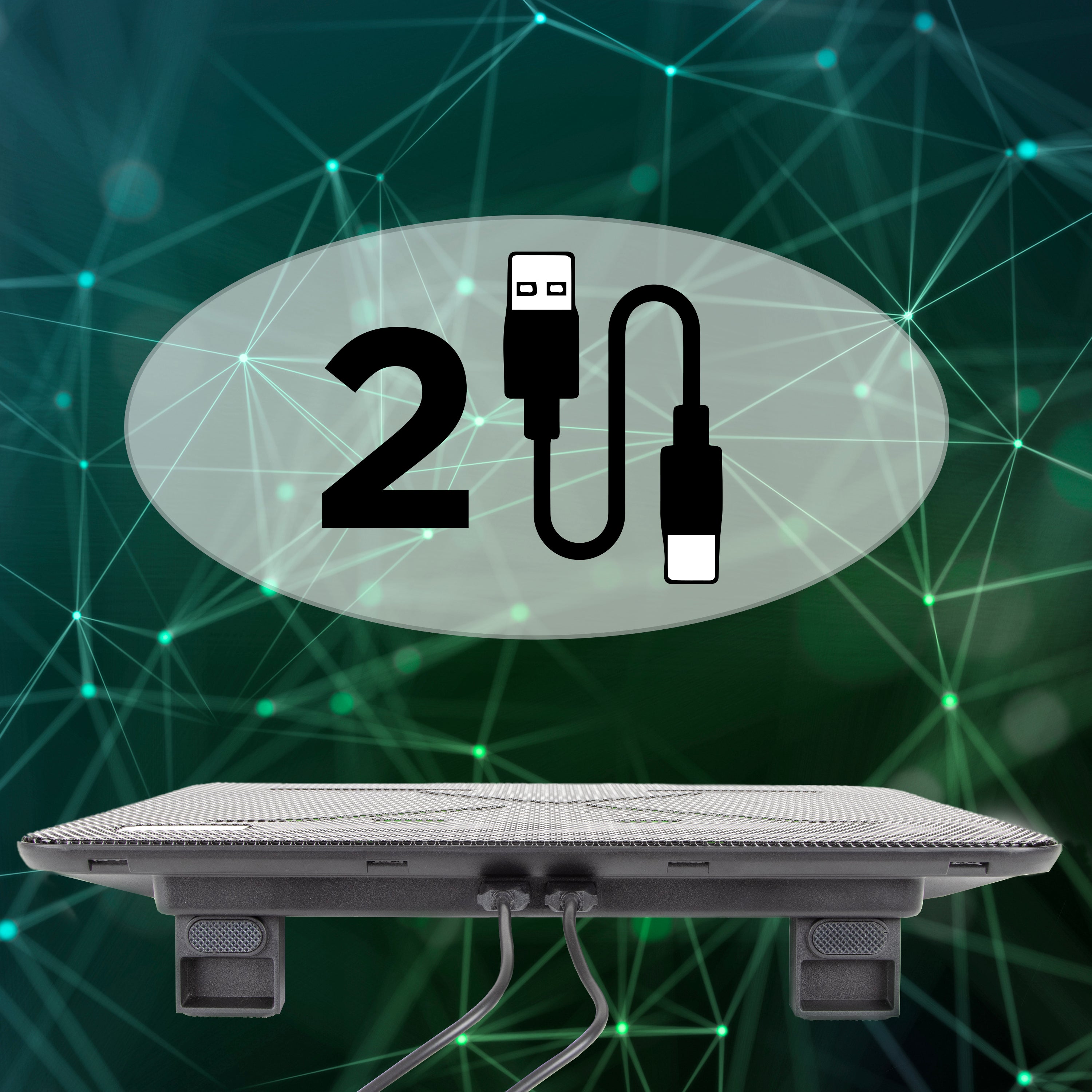 Duronic Laptop Cooling Pad with dual USB ports and two built-in cables, set against a green digital network background.