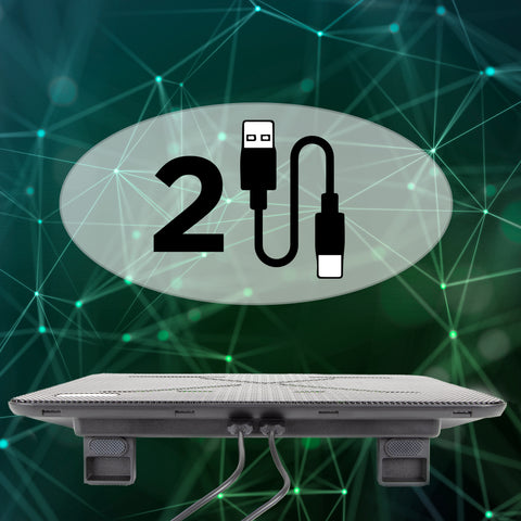 Duronic Laptop Cooling Pad with dual USB ports and two built-in cables, set against a green digital network background.