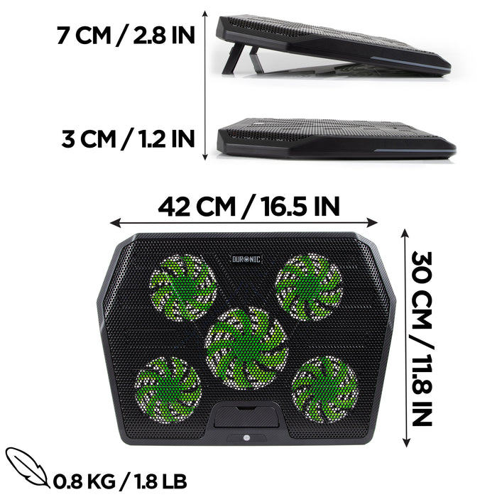 Duronic Laptop Cooling Pad with five green LED fans, shown from top and side views with dimensions indicating a 42 cm width and adjustable height up to 7 cm.