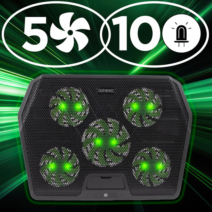 Duronic Laptop Cooling Pad with five integrated green LED fans and a black mesh surface, featuring icons indicating 5 fans and 10 LED lights.