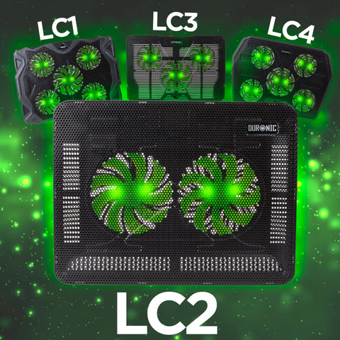 Duronic Laptop Cooling Pad with vibrant green LED-illuminated fans against a matching glowing green background.