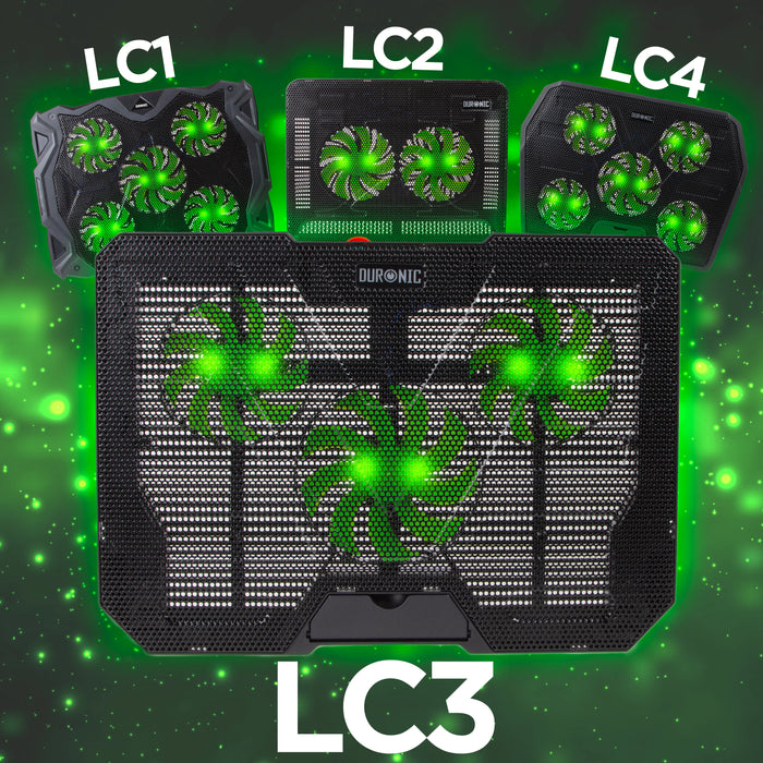 Duronic Laptop Cooling featuring multiple green LED-lit fans, labeled LC1 through LC4 on a glowing green background.