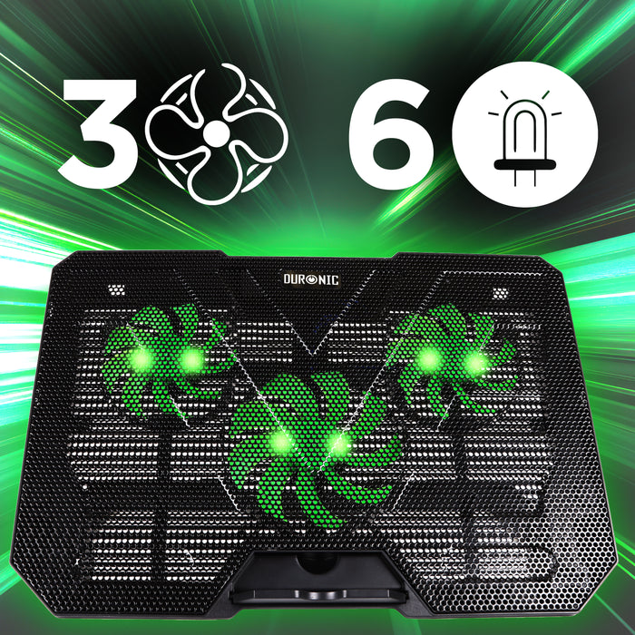 Duronic Laptop Cooling featuring three green LED-lit fans and a mesh surface, highlighted by icons indicating its 3-fan and 6-LED configuration.
