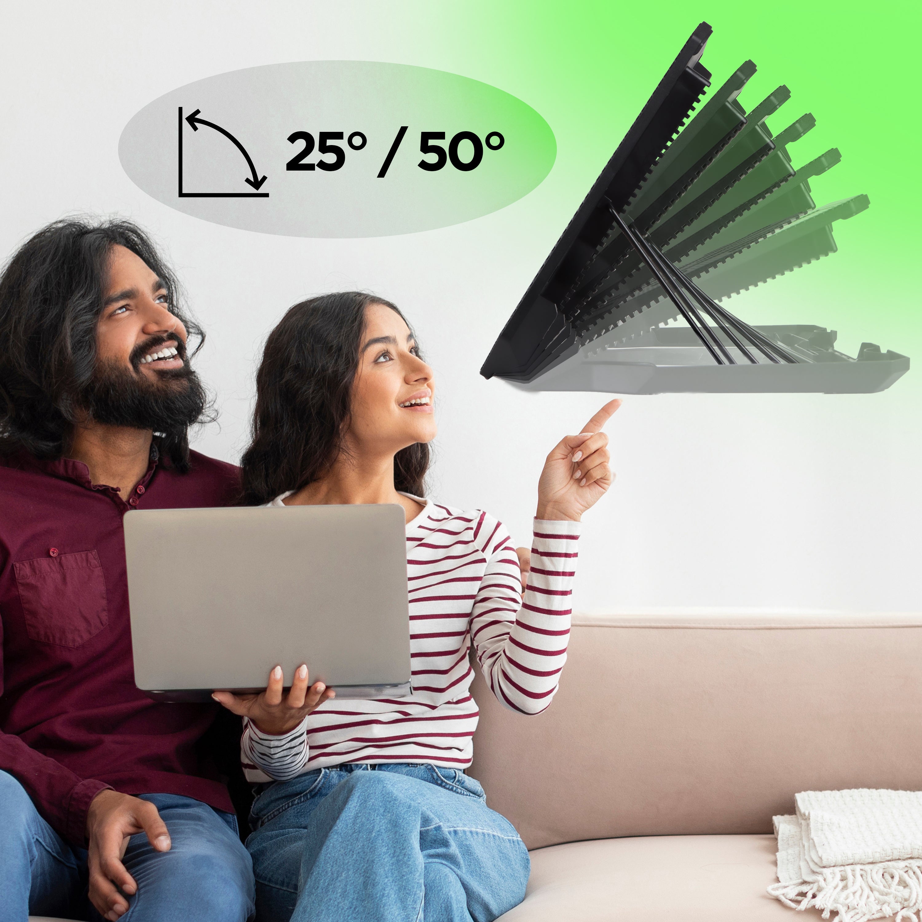 Duronic Laptop Cooling with a smiling couple sits on a couch with a laptop, pointing toward a graphic of an adjustable laptop cooling pad showing multiple tilt angles ranging from 25° to 50°.
