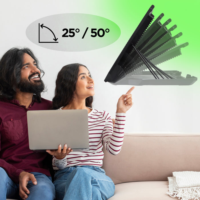 Duronic Laptop Cooling with a smiling couple sits on a couch with a laptop, pointing toward a graphic of an adjustable laptop cooling pad showing multiple tilt angles ranging from 25° to 50°.
