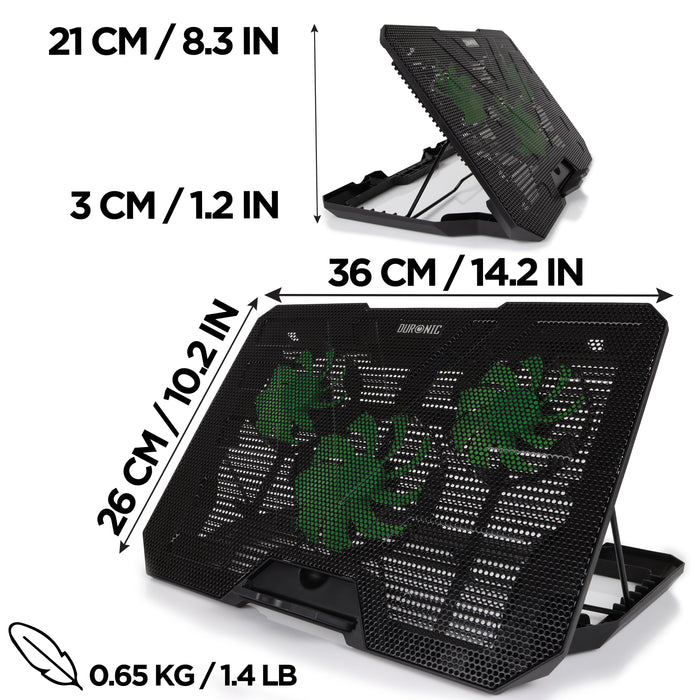 Duronic Laptop Cooling with three green LED fans, featuring dimensions of 36 cm by 26 cm and a lightweight design weighing 0.65 kg.