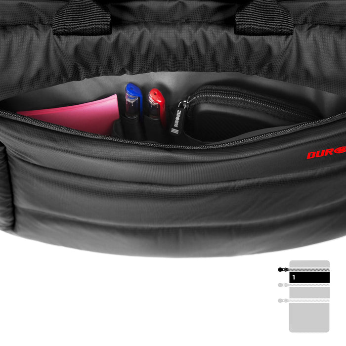 Duronic Laptop Messenger Bag containing pens, notepad, and a zippered pouch.