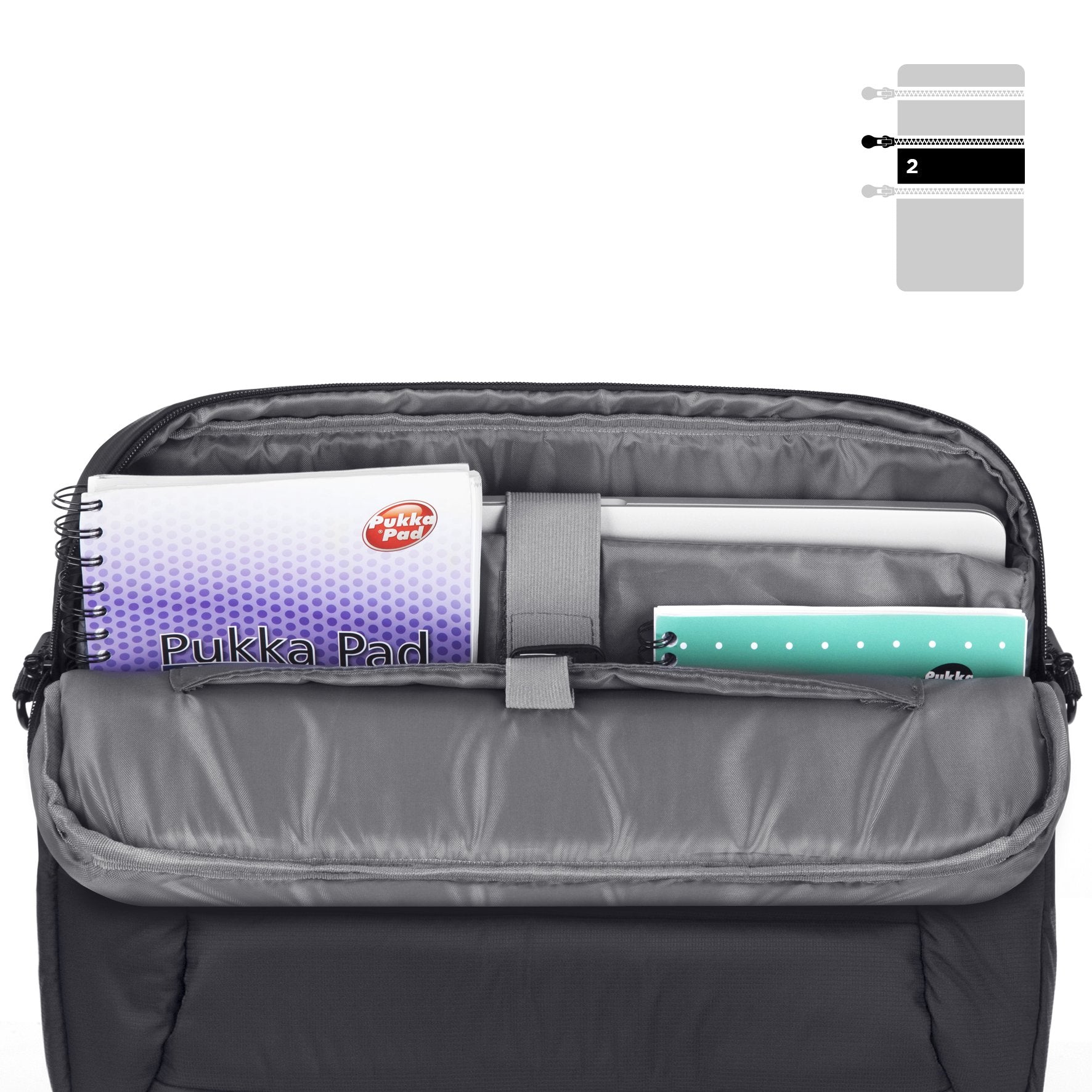 Duronic Laptop Messenger Bag showing organized compartments filled with a Pukka Pad notebook and laptop.