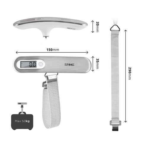 Duronic Luggage Scale Travel Bag Weigh showing 150mm length, 290mm strap, and 50kg capacity."