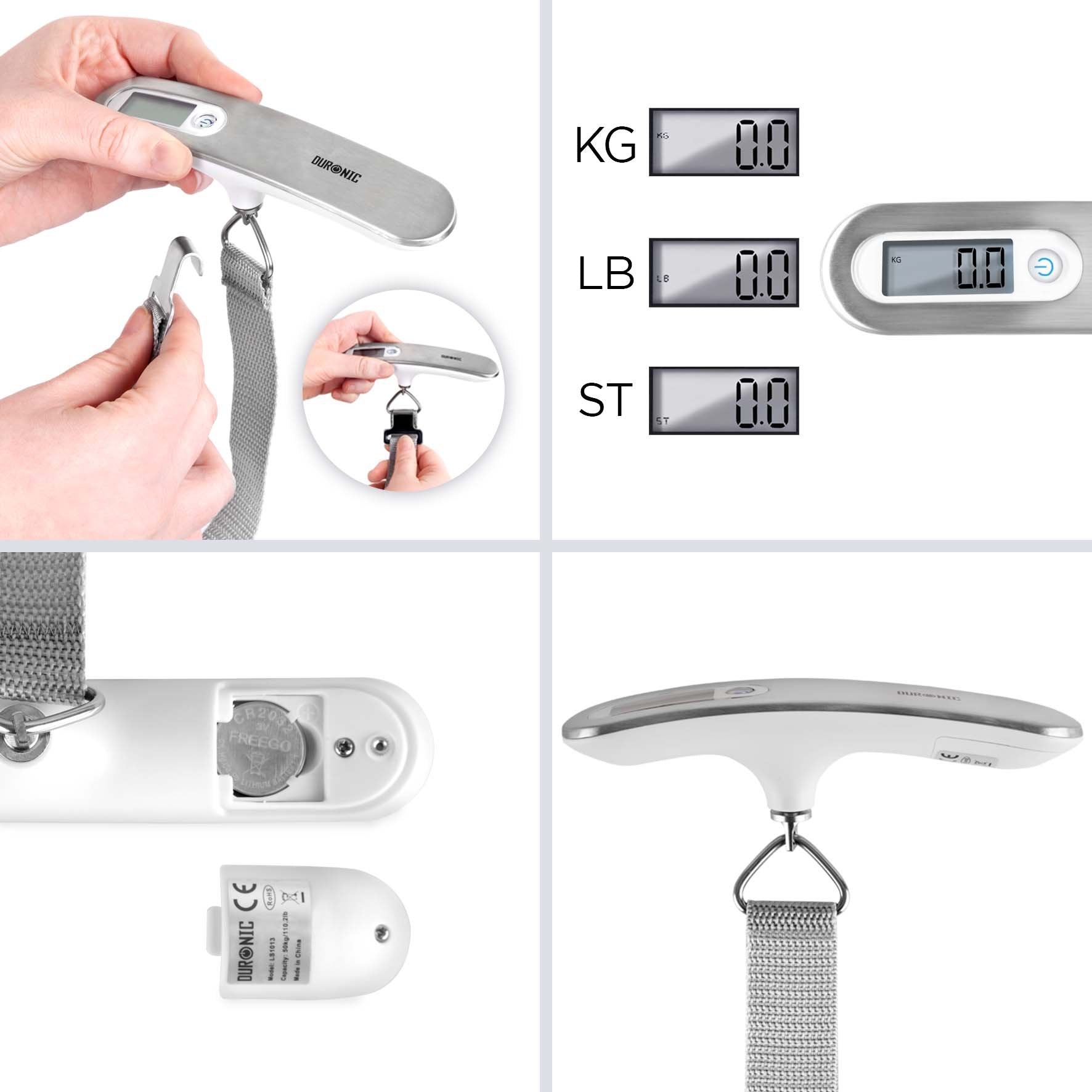 Duronic Luggage Scale Travel Bag Weigh showing strap attachment, KG/LB/ST weight display options, and battery compartment.