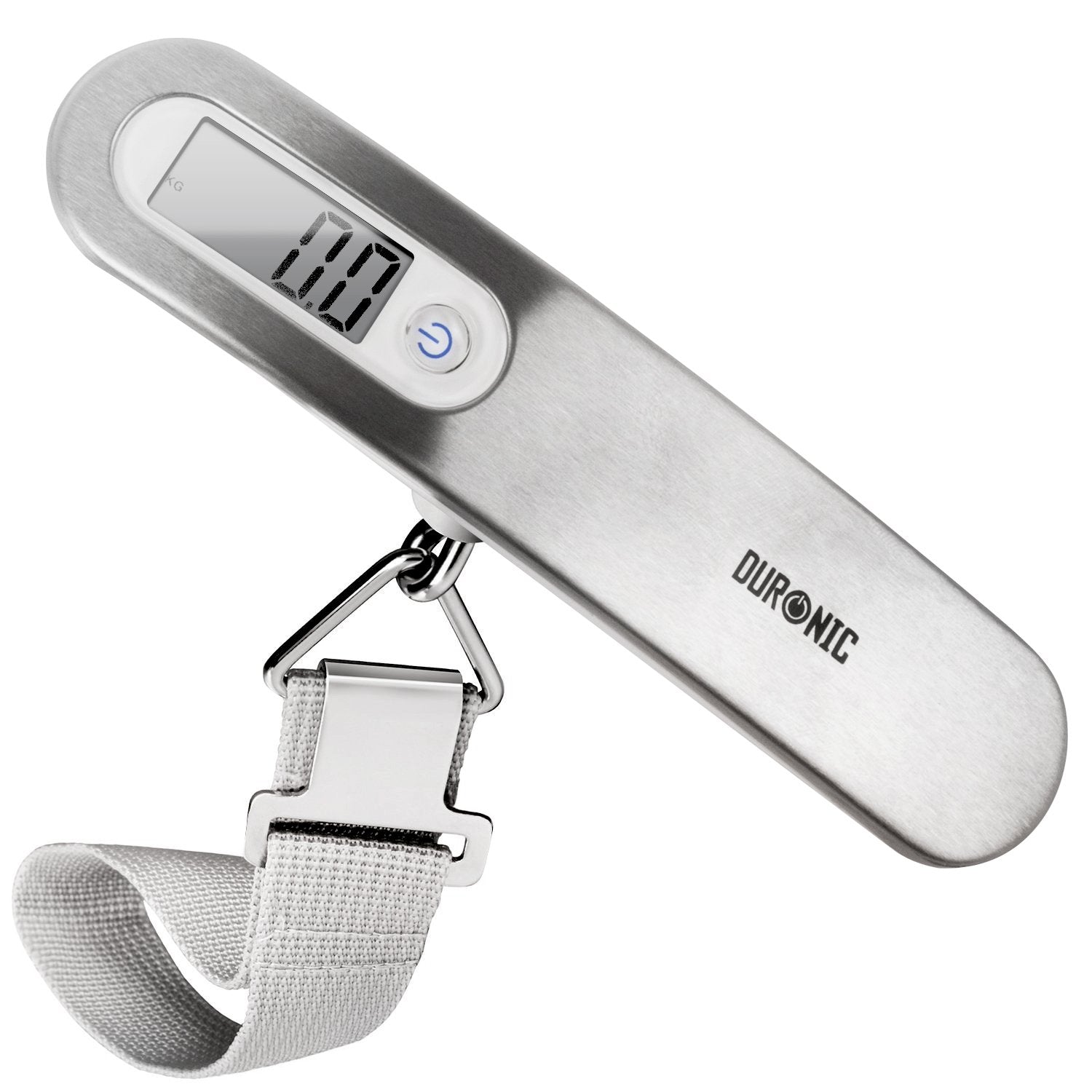 Duronic Luggage Scale Travel Bag Weigh with woven strap and clear LCD screen displaying zero.