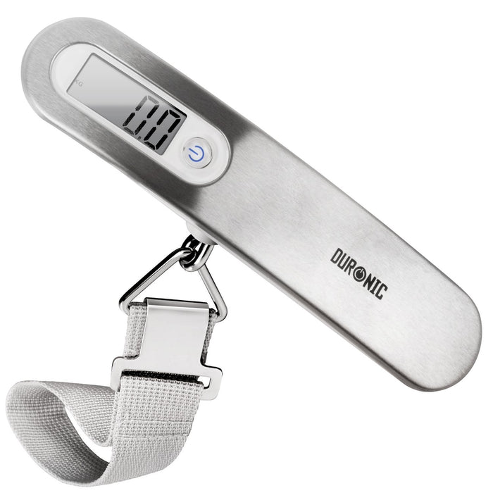 Duronic Luggage Scale Travel Bag Weigh with woven strap and clear LCD screen displaying zero.
