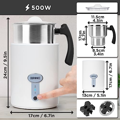 Duronic MF500 WE electric frother for milk specifications height, length, width, depth and wattage 500W