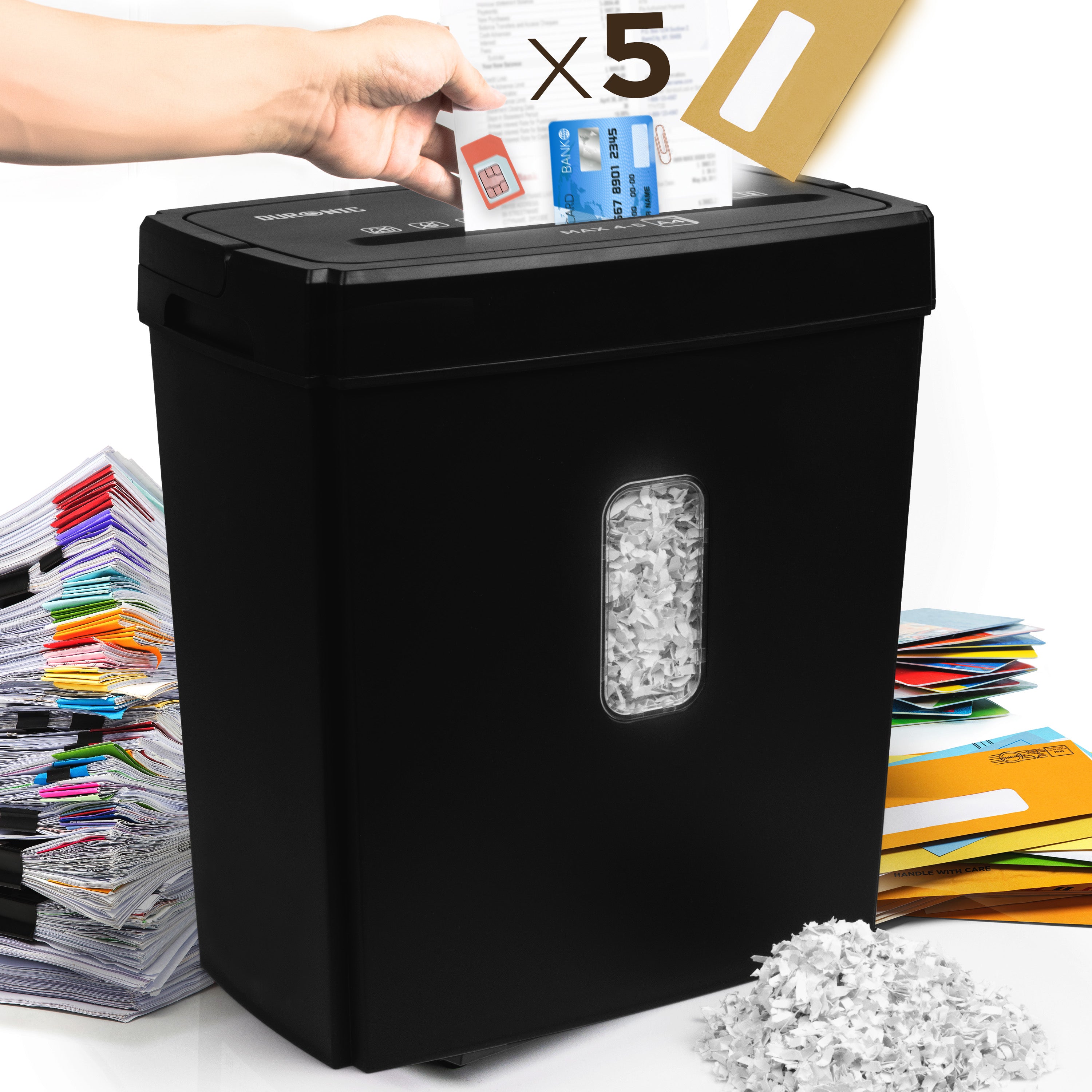 Duronic Micro Cut Paper Shredder destroying documents, credit cards, and mail with a five-sheet capacity.