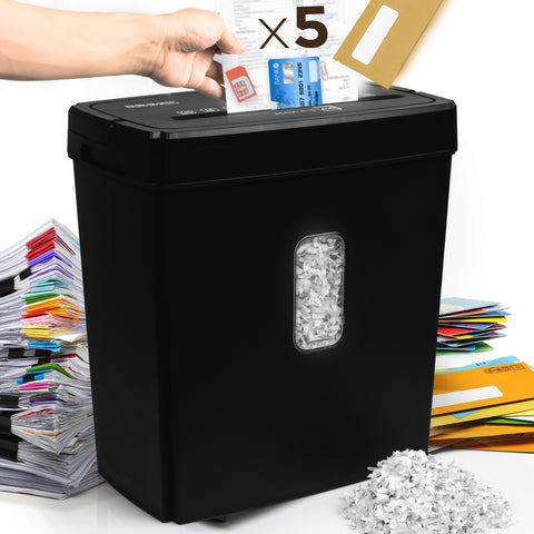 Duronic Micro Cut Paper Shredder destroying documents, credit cards, and mail with a five-sheet capacity.