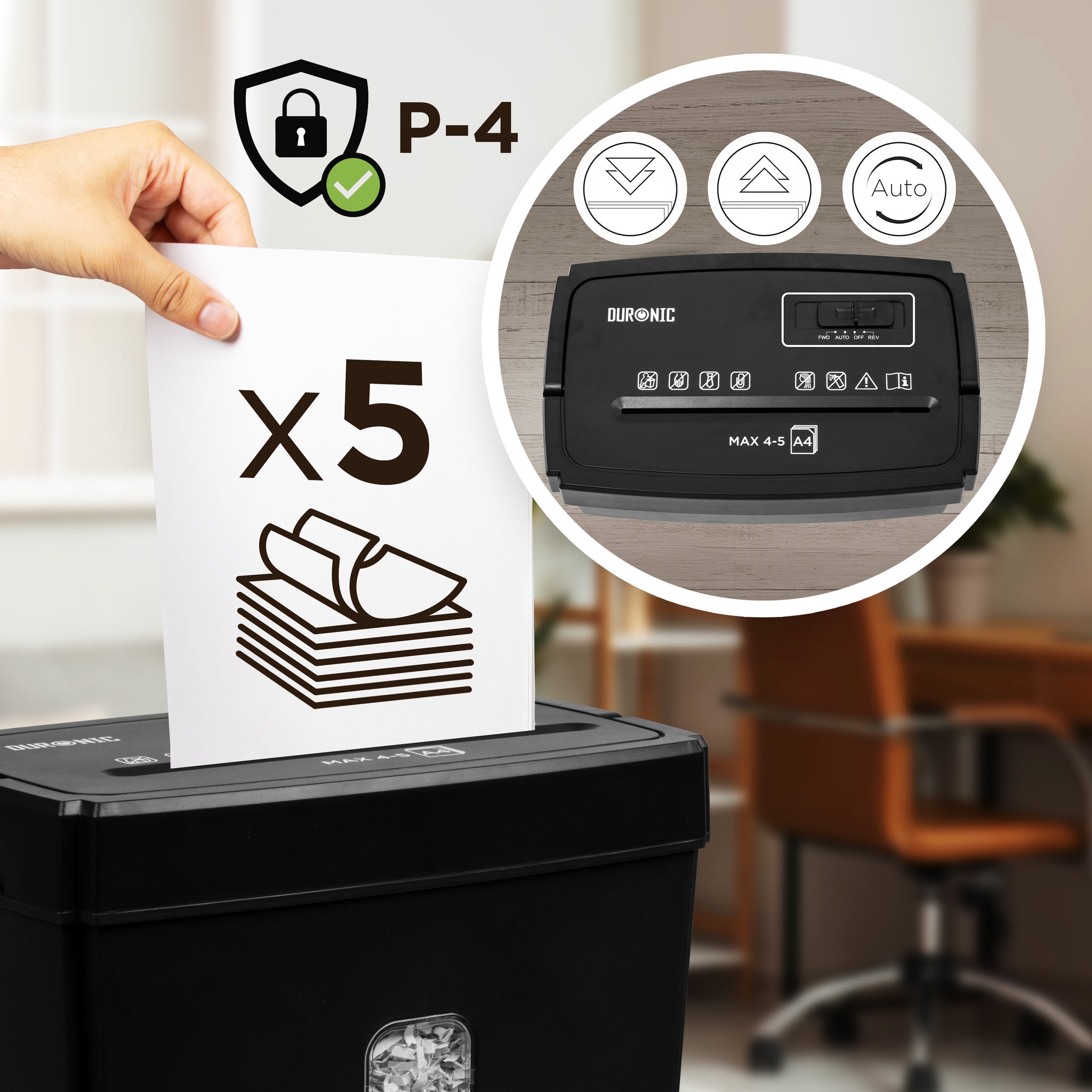 Duronic Micro Cut Paper Shredder showing 5-sheet capacity, cross-cut security level, and control panel interface.
