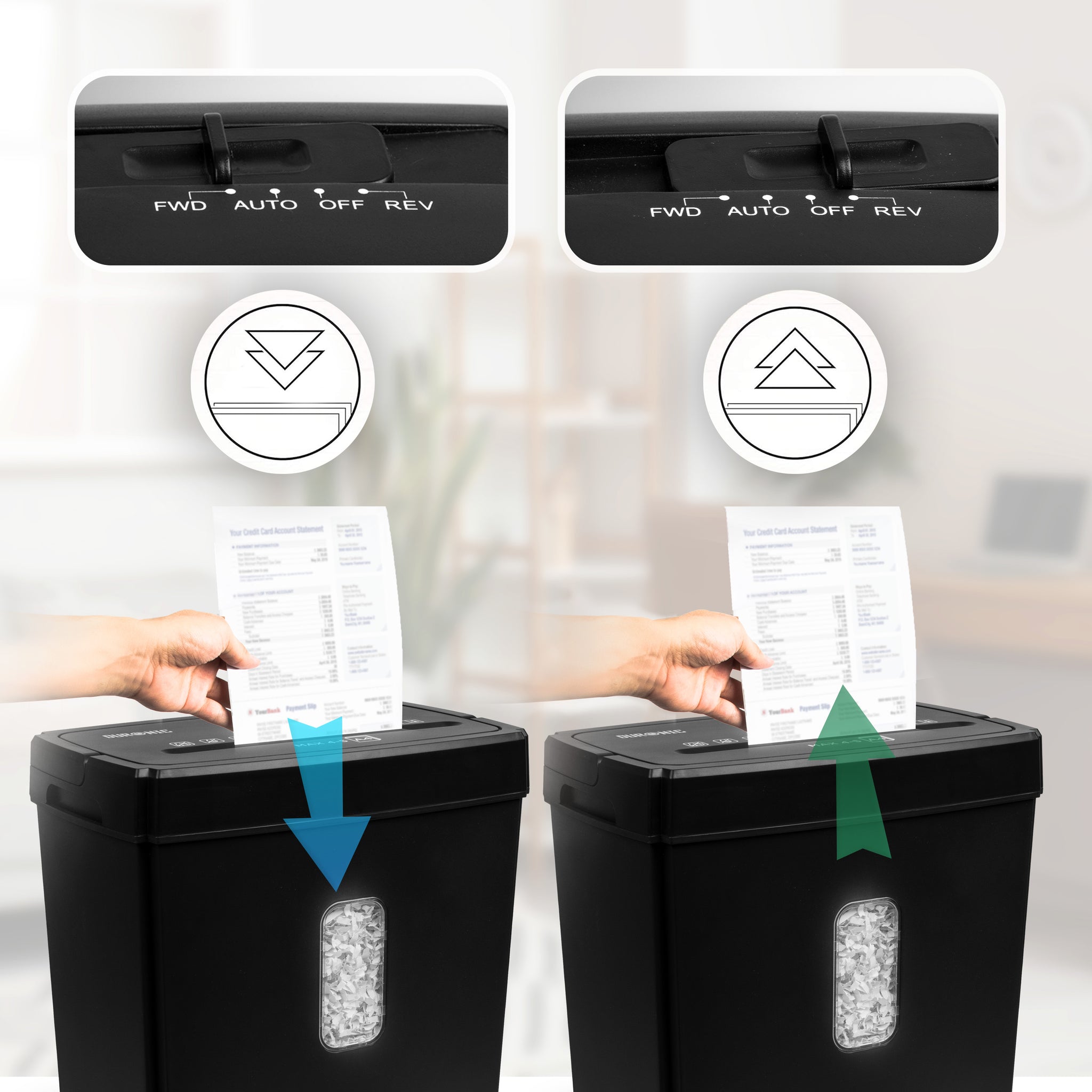 Duronic Micro Cut Paper Shredder with Split image showing paper shredder in 