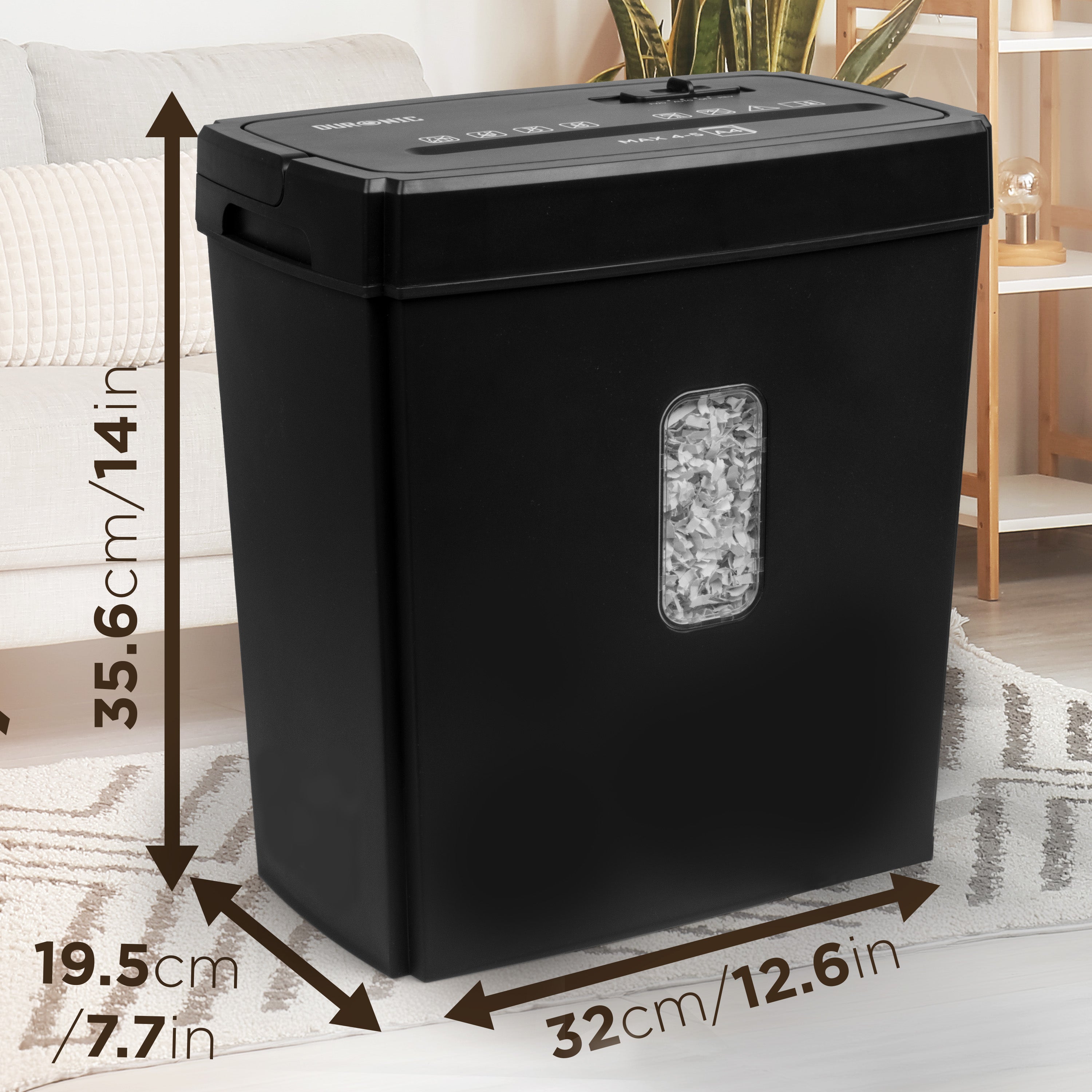 Duronic Micro Cut Paper Shredder with dimensions shown in inches and centimeters against a neutral home background.
