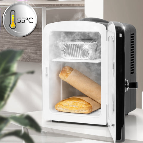 Duronic Mini Fridge Warmer keeping hot pastries steaming at 55 degrees Celsius inside.