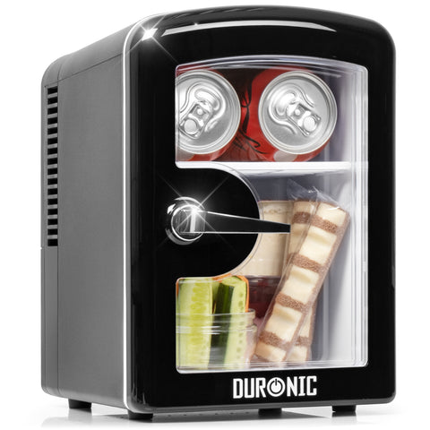 Duronic Mini Fridge Warmer with clear glass door displaying soda cans and chilled snacks inside.