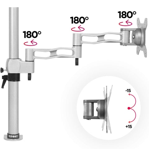 Duronic Monitor Arm Single Silver featuring three distinct 180 degree swivel joints and tilt functionality.