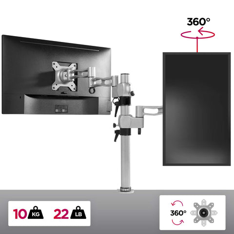 Duronic Monitor Arm Single Silver holding landscape and portrait screens with 360 degree rotation capability